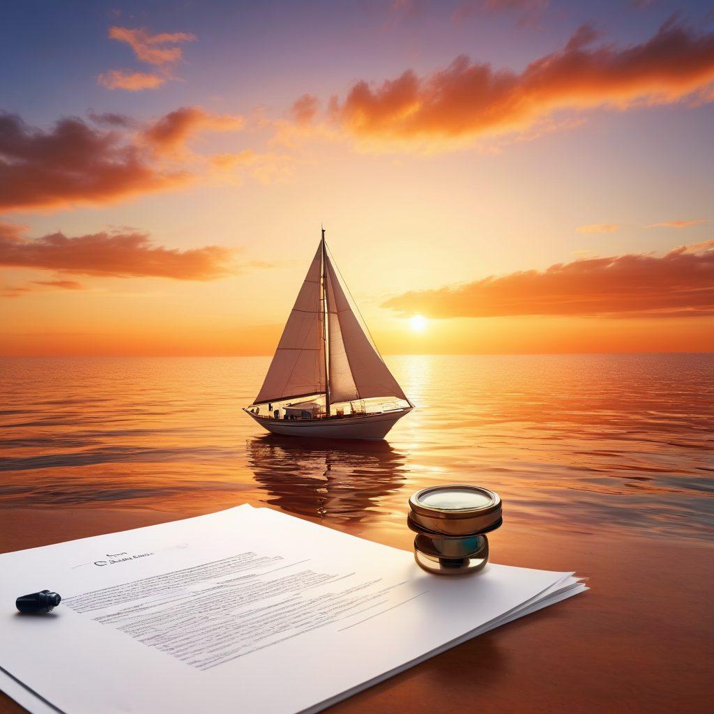 A serene marine scene featuring a sailboat navigating through calm waters, with documents and a magnifying glass overlay symbolizing insurance policies. An anchor and life jacket subtly placed in the background to emphasize safety. A vibrant sunset casts warm colors over the scene, creating an inviting atmosphere. super-realistic. vibrant colors. peaceful background.