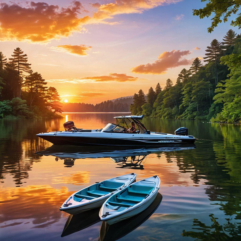 A serene lake landscape featuring various watercraft such as boats, jet skis, and canoes. The image captures a person inspecting the insurance coverage documents with a thoughtful expression, surrounded by the shimmering water and lush greenery. Include a vibrant sunset in the background reflecting off the water, highlighting the importance of making informed decisions. super-realistic. vibrant colors. scenic background.